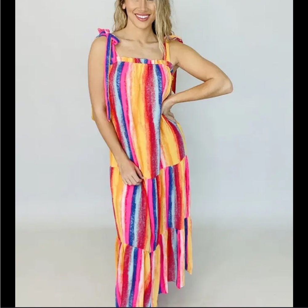 Emily Wunder‎ Multicolored Rainbow Tie Sleeves Beach Sunset Maxi Dress NWT 3X